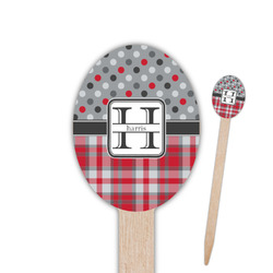 Red & Gray Dots and Plaid Oval Wooden Food Picks - Single Sided (Personalized)