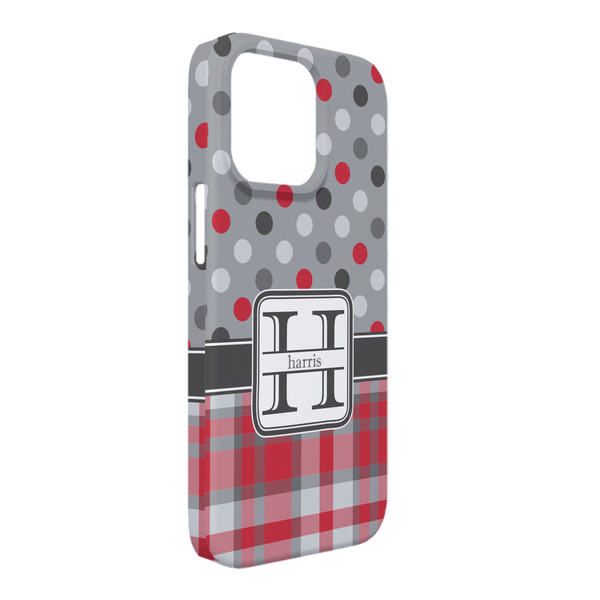 Custom Red & Gray Dots and Plaid iPhone Case - Plastic - iPhone 13 Pro Max (Personalized)