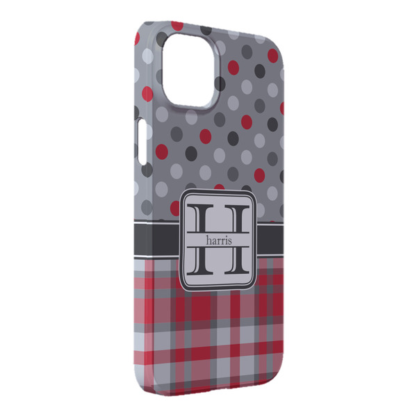 Custom Red & Gray Dots and Plaid iPhone Case - Plastic - iPhone 14 Plus (Personalized)