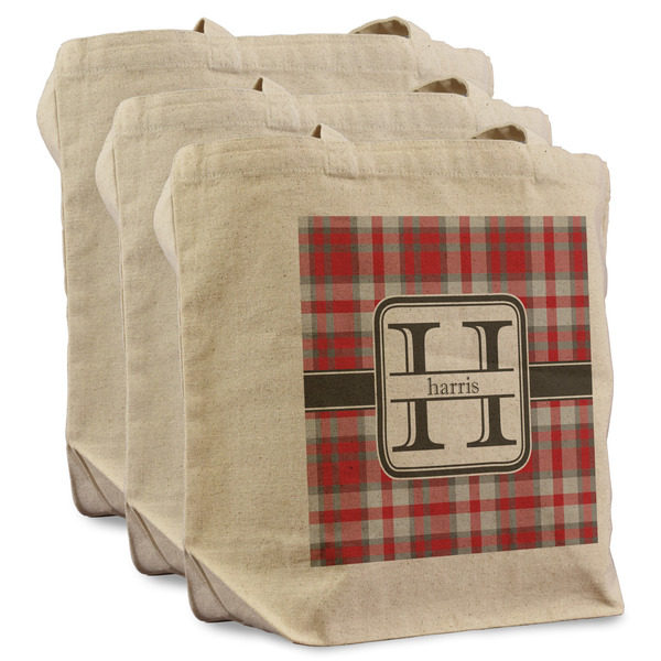 Custom Red & Gray Plaid Reusable Cotton Grocery Bags - Set of 3 (Personalized)