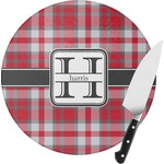 Red & Gray Plaid Round Glass Cutting Board - Small (Personalized)