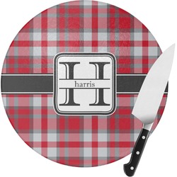 Red & Gray Plaid Round Glass Cutting Board - Small (Personalized)