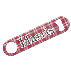Red & Gray Plaid Bar Bottle Opener - White w/ Name and Initial