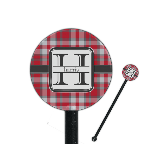 Custom Red & Gray Plaid 5.5" Round Plastic Stir Sticks - Black - Single Sided (Personalized)