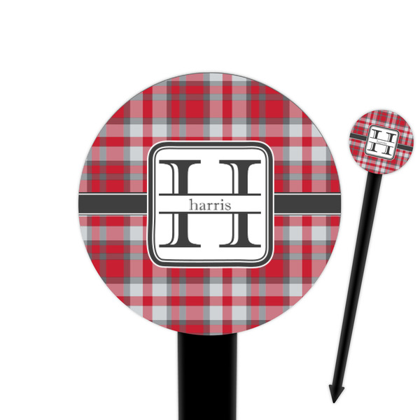 Custom Red & Gray Plaid 6" Round Plastic Food Picks - Black - Single Sided (Personalized)