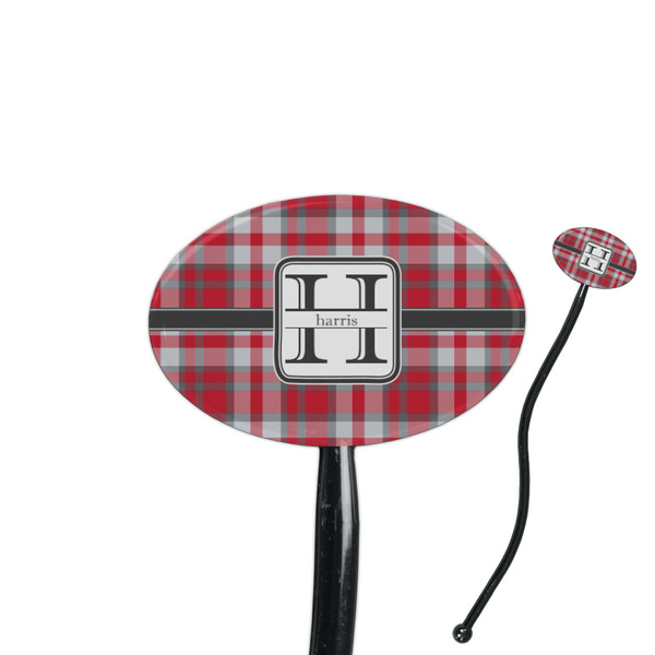 Custom Red & Gray Plaid 7" Oval Plastic Stir Sticks - Black - Double Sided (Personalized)