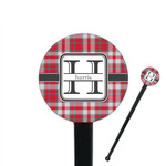 Red & Gray Plaid 7" Round Plastic Stir Sticks - Black - Single Sided (Personalized)