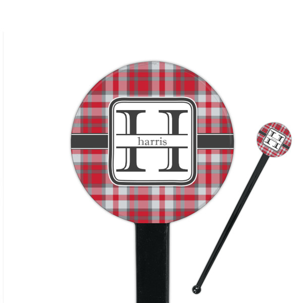 Custom Red & Gray Plaid 7" Round Plastic Stir Sticks - Black - Single Sided (Personalized)