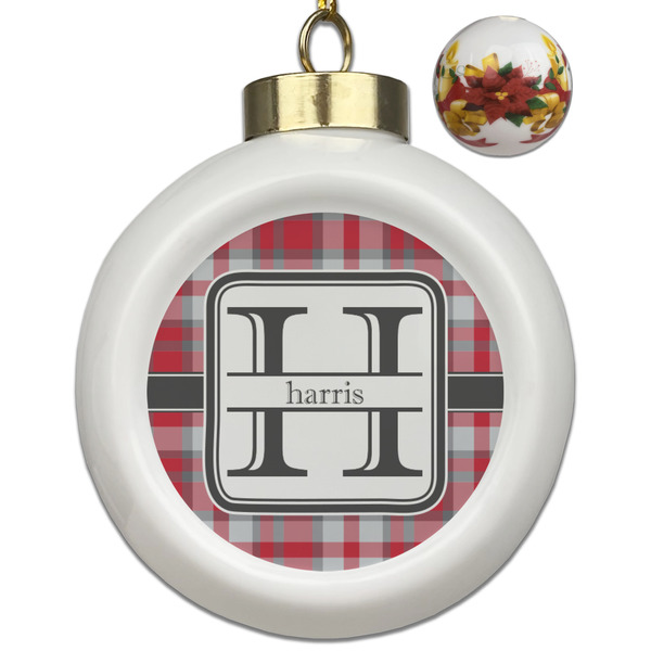 Custom Red & Gray Plaid Ceramic Ball Ornaments - Poinsettia Garland (Personalized)