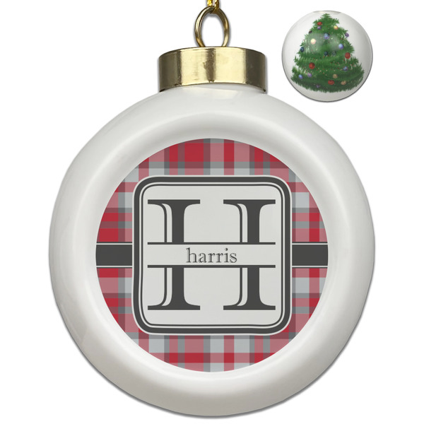 Custom Red & Gray Plaid Ceramic Ball Ornament - Christmas Tree (Personalized)