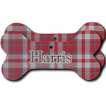 Red & Gray Plaid Ceramic Dog Ornament - Front & Back w/ Name and Initial