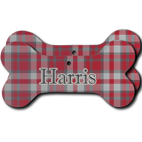 Custom Red & Gray Plaid Ceramic Dog Ornament - Front & Back w/ Name and Initial