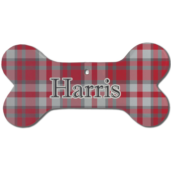 Custom Red & Gray Plaid Ceramic Dog Ornament - Front w/ Name and Initial