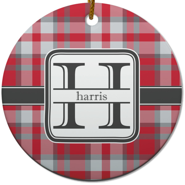 Custom Red & Gray Plaid Round Ceramic Ornament w/ Name and Initial