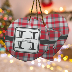 Red & Gray Plaid Ceramic Ornament w/ Name and Initial