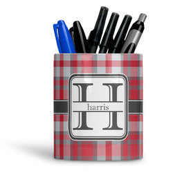 Red & Gray Plaid Ceramic Pen Holder