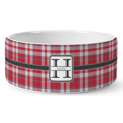Red & Gray Plaid Ceramic Dog Bowl - Large (Personalized)