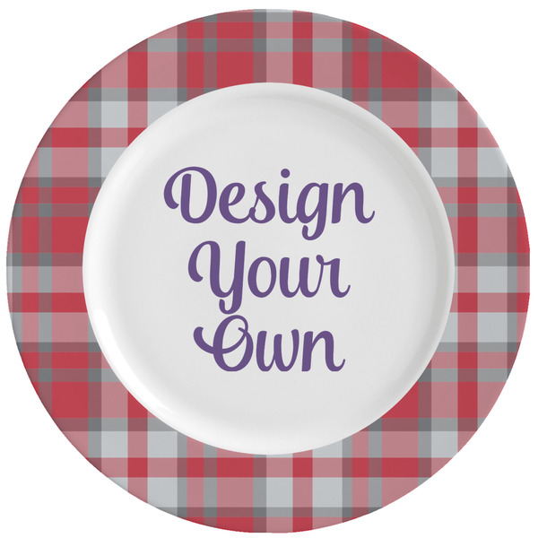 Custom Red & Gray Plaid Ceramic Dinner Plates (Set of 4) (Personalized)