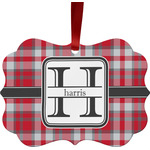 Red & Gray Plaid Metal Frame Ornament - Double Sided w/ Name and Initial