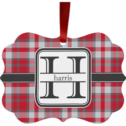 Red & Gray Plaid Metal Frame Ornament - Double Sided w/ Name and Initial
