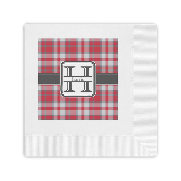 Custom Red & Gray Plaid Coined Cocktail Napkins (Personalized)