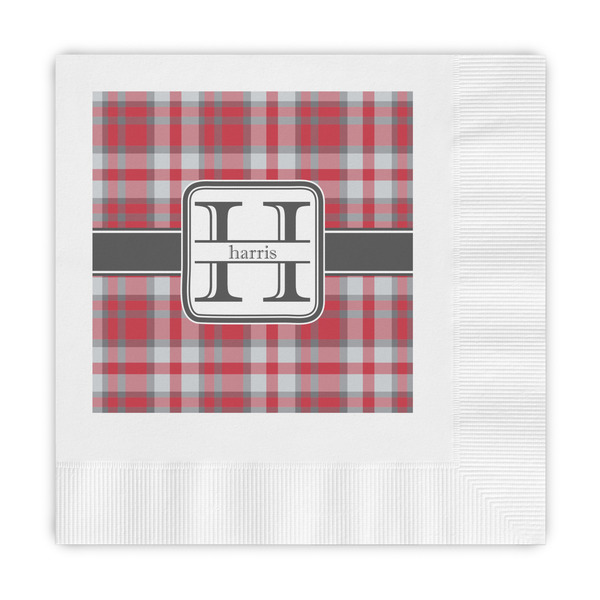 Custom Red & Gray Plaid Embossed Decorative Napkins (Personalized)