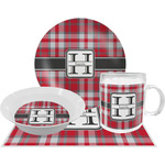 Red & Gray Plaid Dinner Set - Single 4 Pc Setting w/ Name and Initial