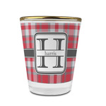 Red & Gray Plaid Glass Shot Glass - 1.5 oz - with Gold Rim - Single (Personalized)