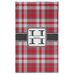 Red & Gray Plaid Golf Towel - Poly-Cotton Blend - Large w/ Name and Initial