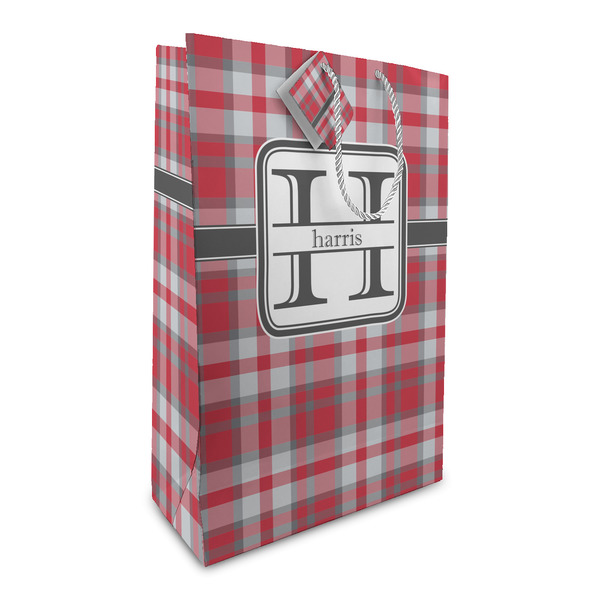 Custom Red & Gray Plaid Large Gift Bag (Personalized)