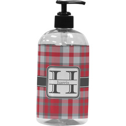 Red & Gray Plaid Plastic Soap / Lotion Dispenser (16 oz - Large - Black) (Personalized)