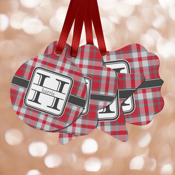 Custom Red & Gray Plaid Metal Ornaments - Double Sided w/ Name and Initial