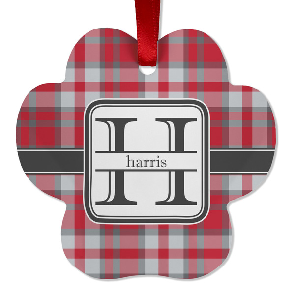 Custom Red & Gray Plaid Metal Paw Ornament - Double Sided w/ Name and Initial