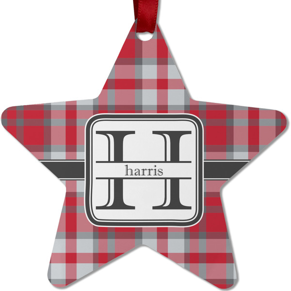 Custom Red & Gray Plaid Metal Star Ornament - Double Sided w/ Name and Initial