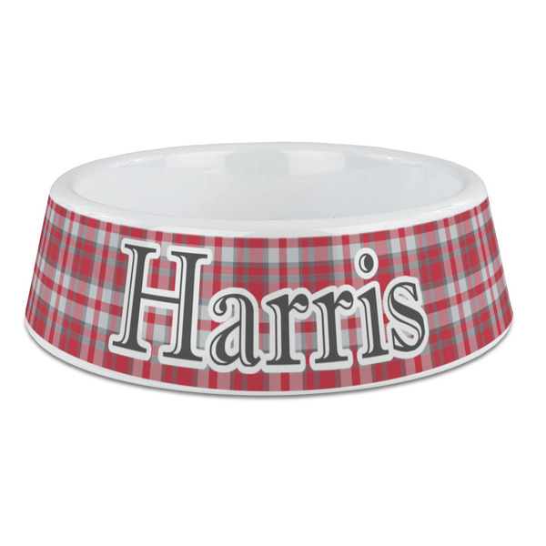 Custom Red & Gray Plaid Plastic Dog Bowl - Large (Personalized)