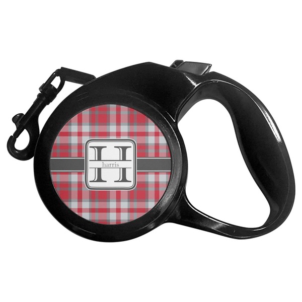 Custom Red & Gray Plaid Retractable Dog Leash - Medium (Personalized)