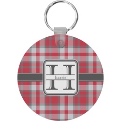 Red & Gray Plaid Round Plastic Keychain (Personalized)