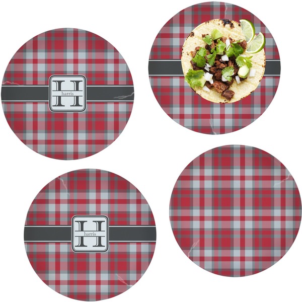 Custom Red & Gray Plaid Set of 4 Glass Lunch / Dinner Plate 10" (Personalized)