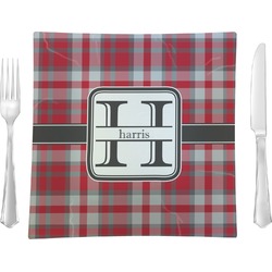 Red & Gray Plaid 9.5" Glass Square Lunch / Dinner Plate- Single or Set of 4 (Personalized)