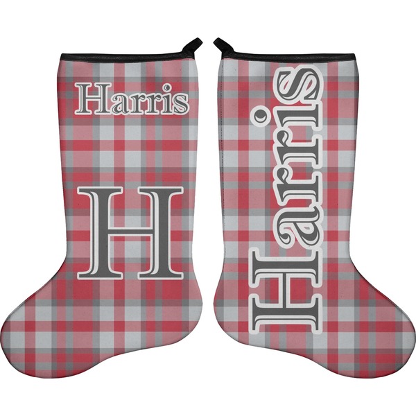 Custom Red & Gray Plaid Holiday Stocking - Double-Sided - Neoprene (Personalized)