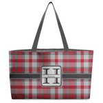 Red & Gray Plaid Beach Totes Bag - w/ Black Handles (Personalized)