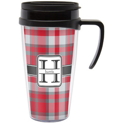 Red & Gray Plaid Acrylic Travel Mug with Handle (Personalized)