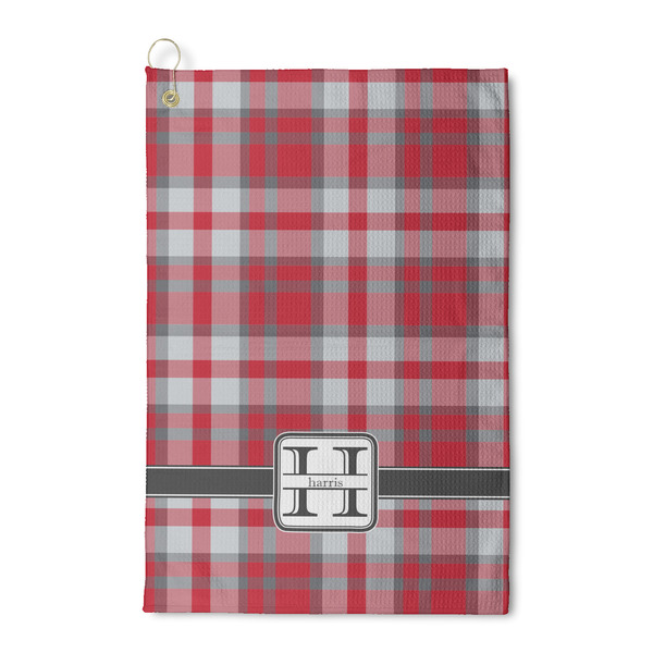 Custom Red & Gray Plaid Waffle Weave Golf Towel (Personalized)