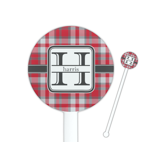 Custom Red & Gray Plaid 5.5" Round Plastic Stir Sticks - White - Double Sided (Personalized)