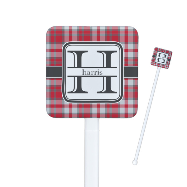 Custom Red & Gray Plaid Square Plastic Stir Sticks - Double Sided (Personalized)