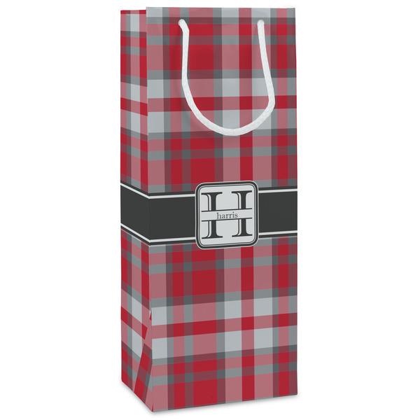 Custom Red & Gray Plaid Wine Gift Bags (Personalized)