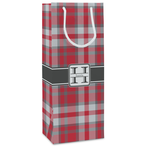 Custom Red & Gray Plaid Wine Gift Bags - Matte (Personalized)