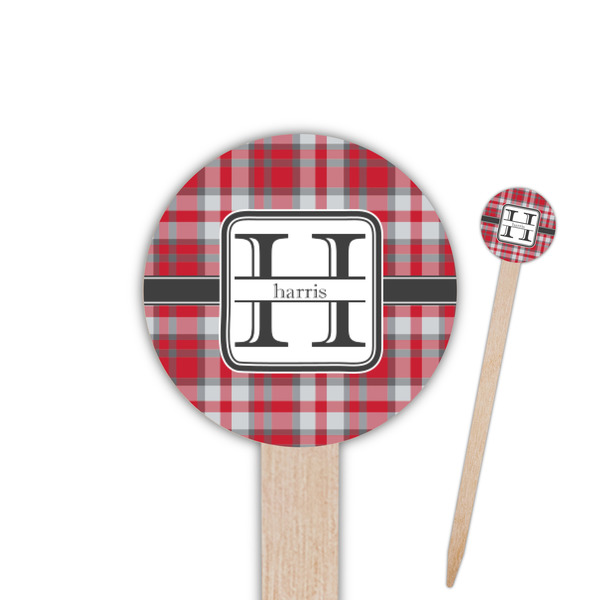 Custom Red & Gray Plaid 6" Round Wooden Food Picks - Single Sided (Personalized)