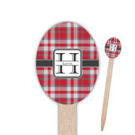 Red & Gray Plaid Oval Wooden Food Picks - Double Sided (Personalized)