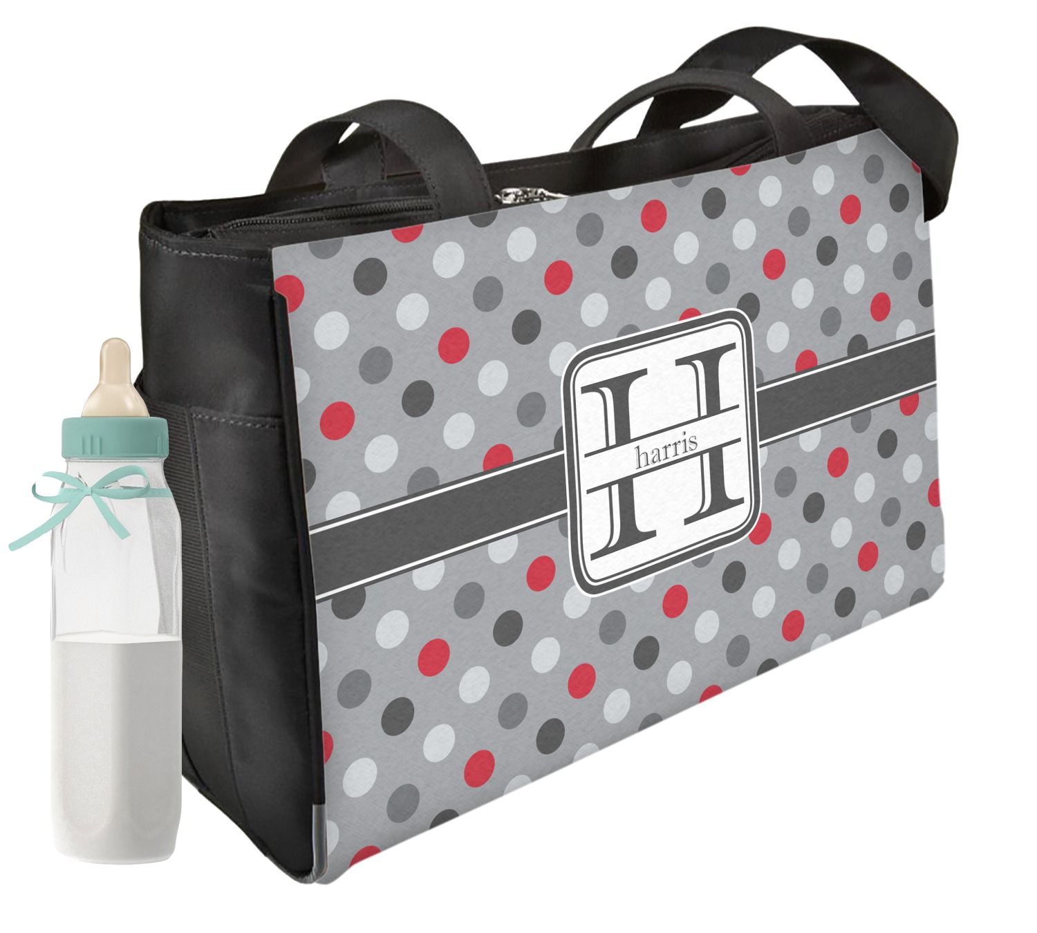 black and white polka dot diaper bag